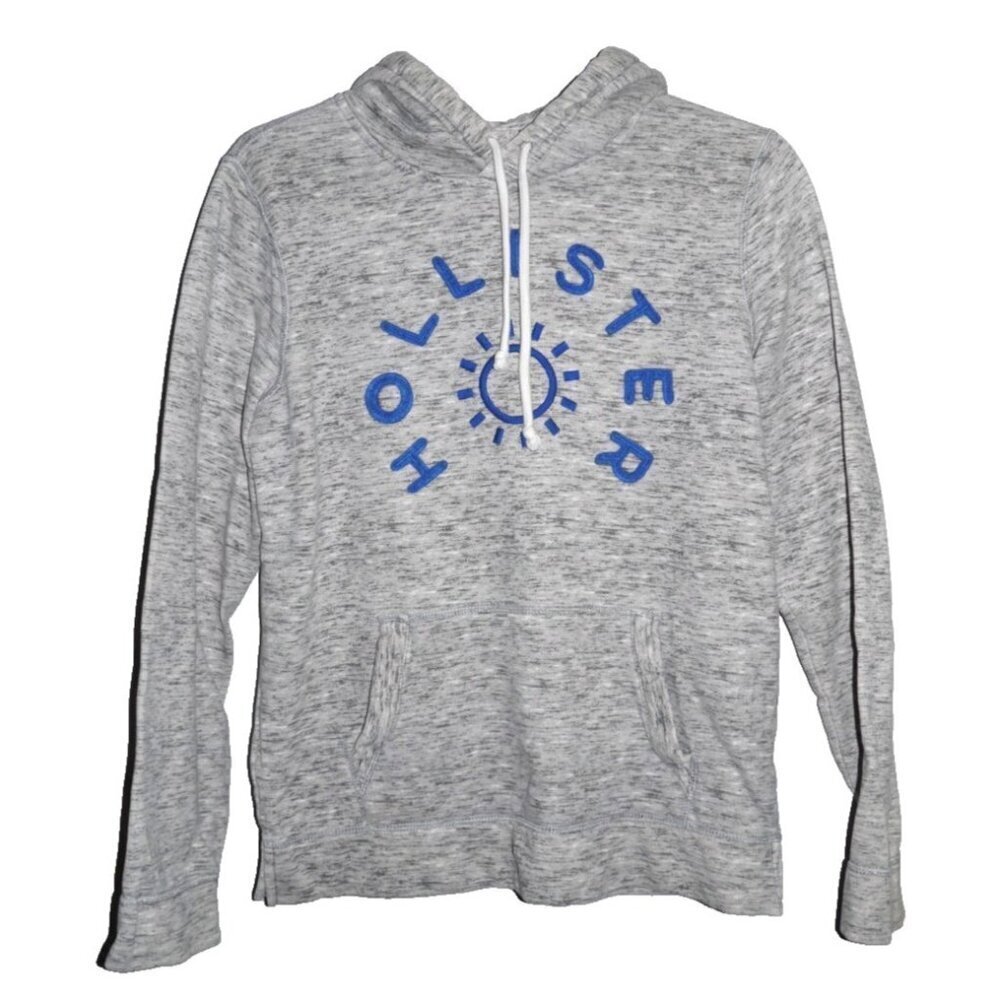 HOLLISTER gray fleece lined pullover hoodie with blue sewn on letters ADULT S